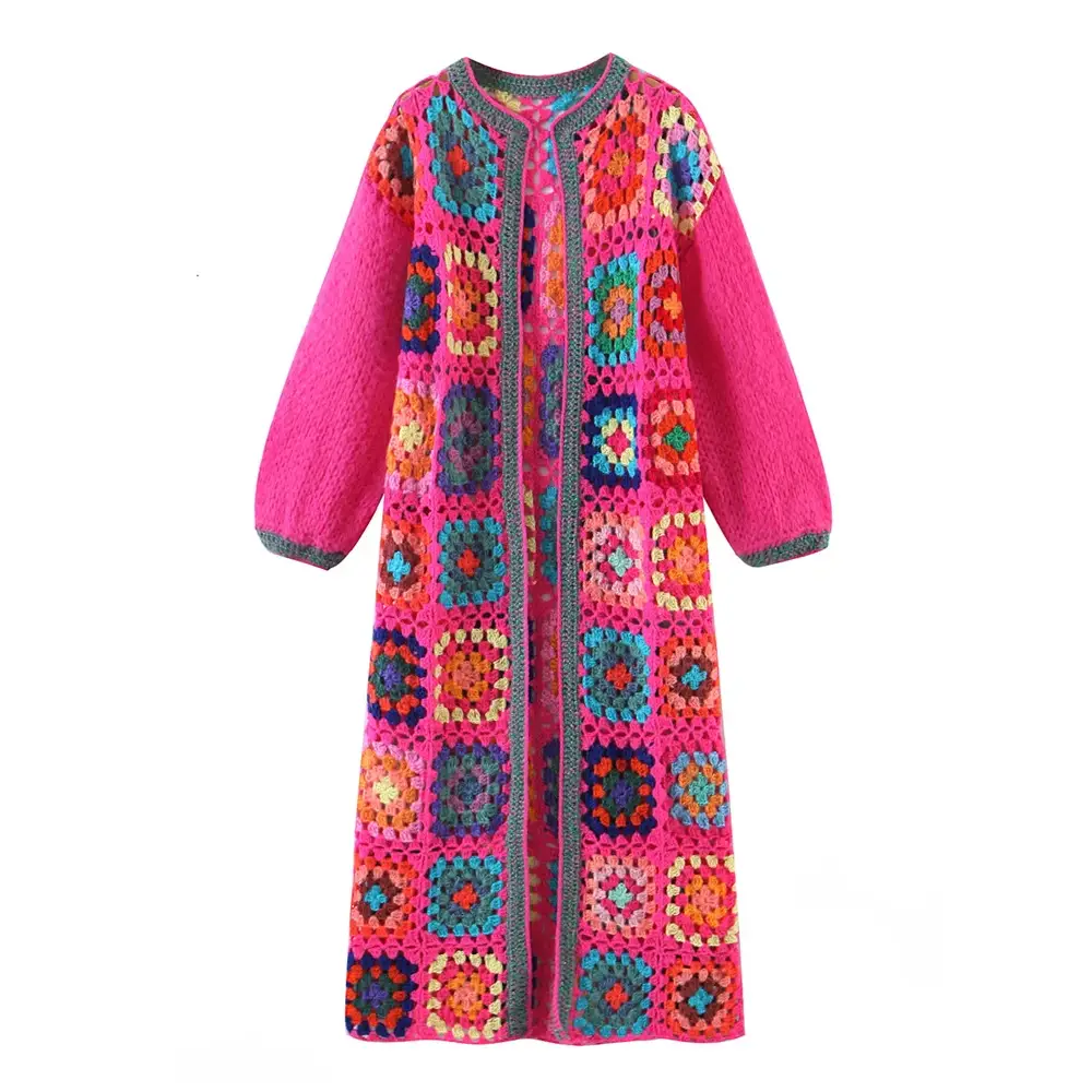 BOHO Colored Plaid Flower Hand Crochet Cardigan - Vintage O-Neck Long Sweater Knitwear Jumper for Women - Rose Red