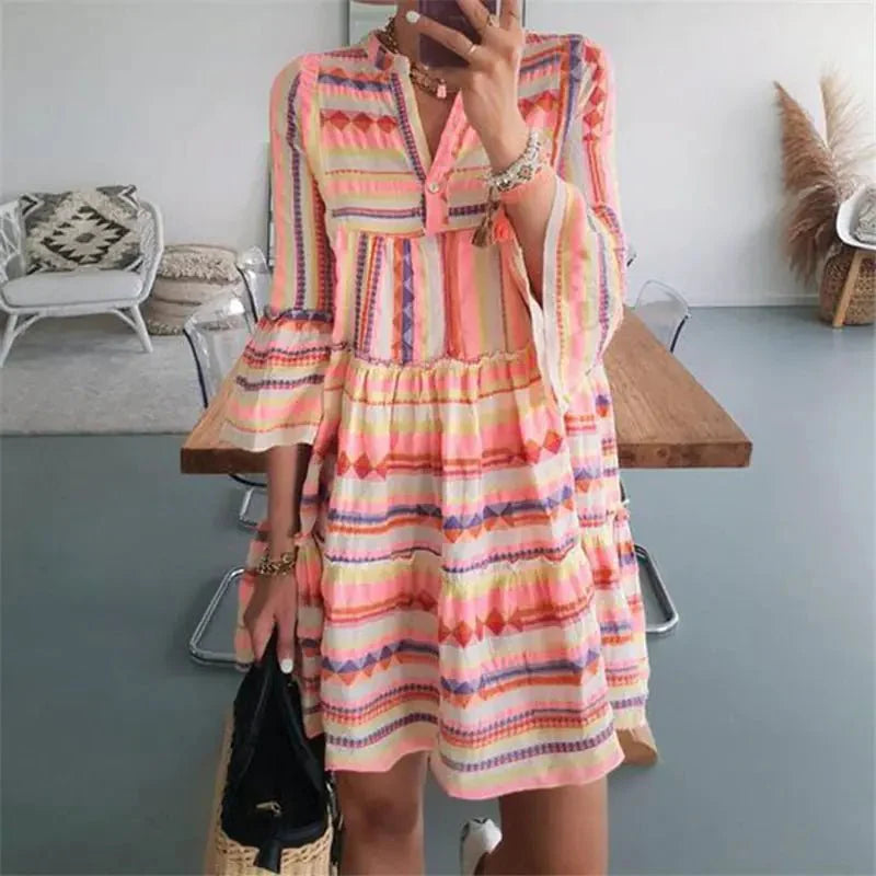 dress - Boho Eco Boutique Geometric Print Striped Dress - Boho Eco Boutique™ - dress - Boho Eco Boutique™ - Pink - Small - 