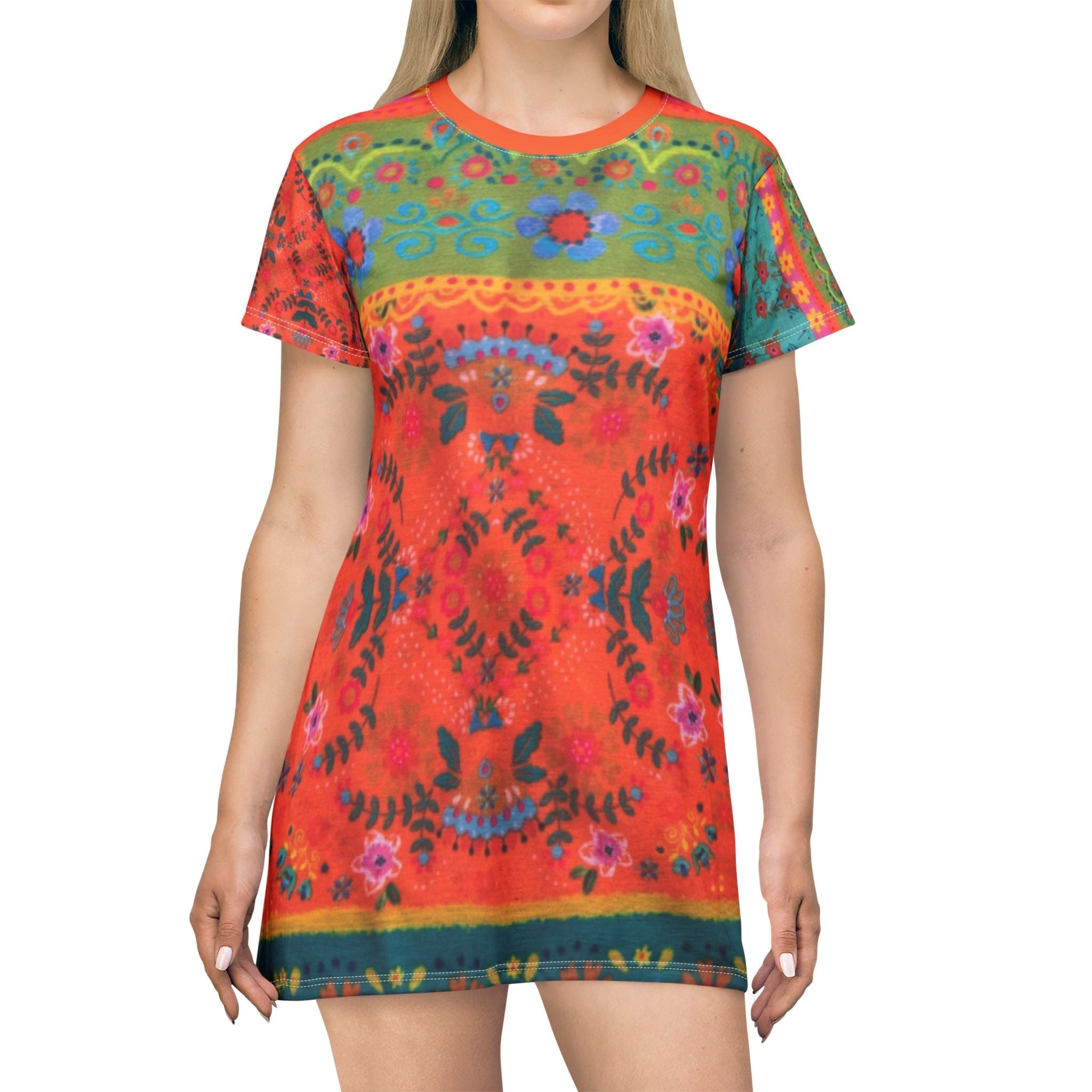 All Over Prints - Boho Eco Boutique Orange Retro Vintage T-Shirt Dress | Casual Bohemian Style Summer Dress for Women | Eco - Friendly Fashion - Boho Eco Boutique™ - Boho Eco Boutique Orange Retro Vintage T-Shirt Dress | Casual Bohemian Style Summer Dress for Women | Eco - Friendly Fashion - XS - 