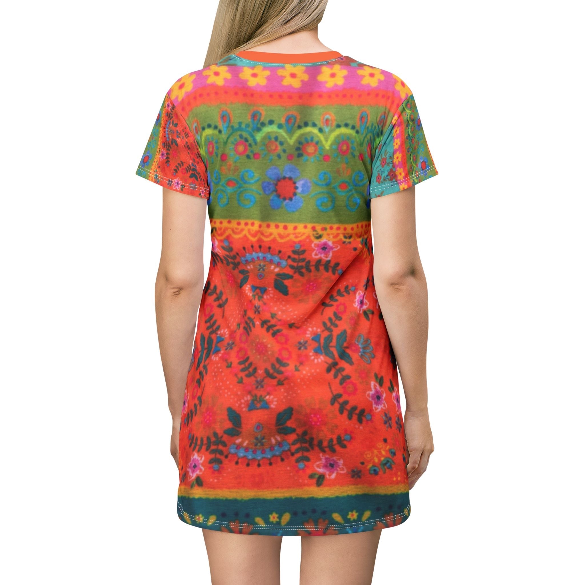All Over Prints - Boho Eco Boutique Orange Retro Vintage T-Shirt Dress | Casual Bohemian Style Summer Dress for Women | Eco - Friendly Fashion - Boho Eco Boutique™ - Boho Eco Boutique Orange Retro Vintage T-Shirt Dress | Casual Bohemian Style Summer Dress for Women | Eco - Friendly Fashion - XS - 