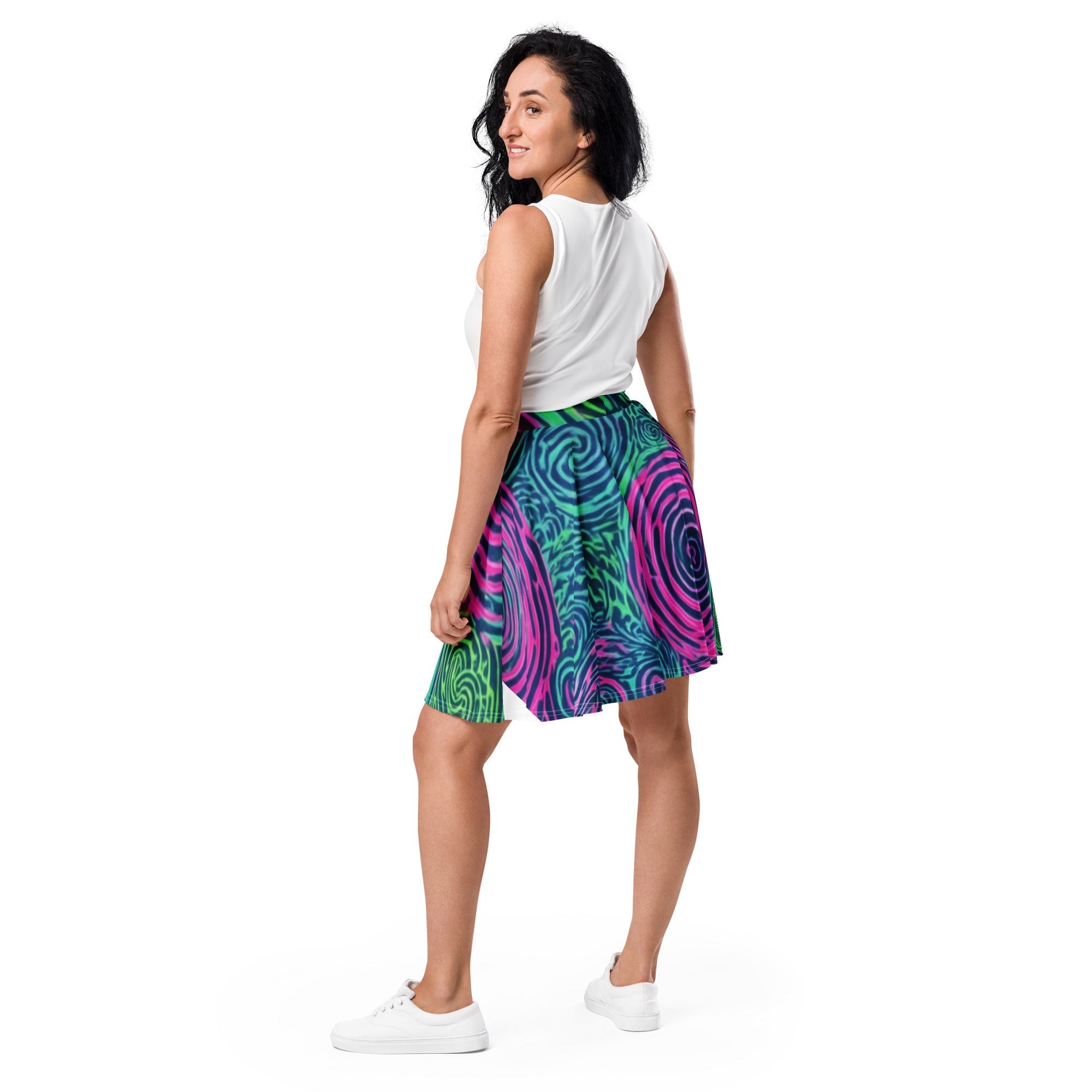 Skirt - Boho Eco Boutique™ Tie - Dye Skater Skirt - Turquoise and Pink Swirling Design, Eco - Friendly Fashion - Boho Eco Boutique™ - Boho Eco Boutique™ - XS - 