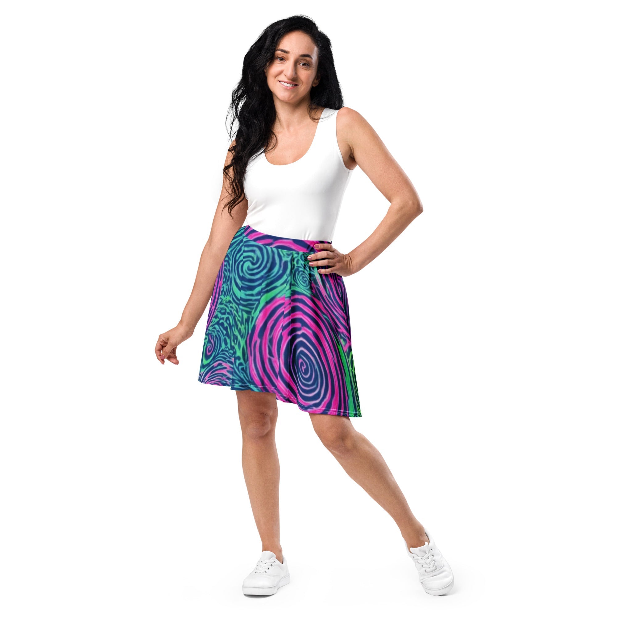 Skirt - Boho Eco Boutique™ Tie - Dye Skater Skirt - Turquoise and Pink Swirling Design, Eco - Friendly Fashion - Boho Eco Boutique™ - Boho Eco Boutique™ - XS - 