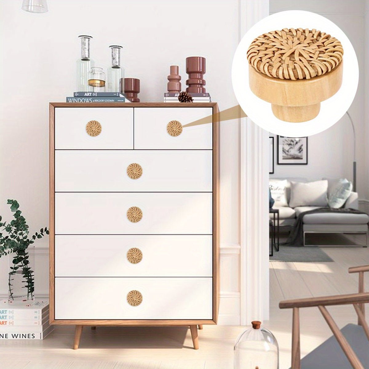decor - Boho Eco Chic 6pcs Rattan Drawer Knobs Rustic and Vintage Charm - Boho Eco Boutique™ - decor - Boho Eco Boutique™ - 6pcs - 