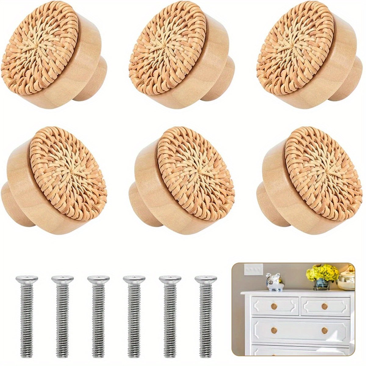 decor - Boho Eco Chic 6pcs Rattan Drawer Knobs Rustic and Vintage Charm - Boho Eco Boutique™ - decor - Boho Eco Boutique™ - 6pcs - 