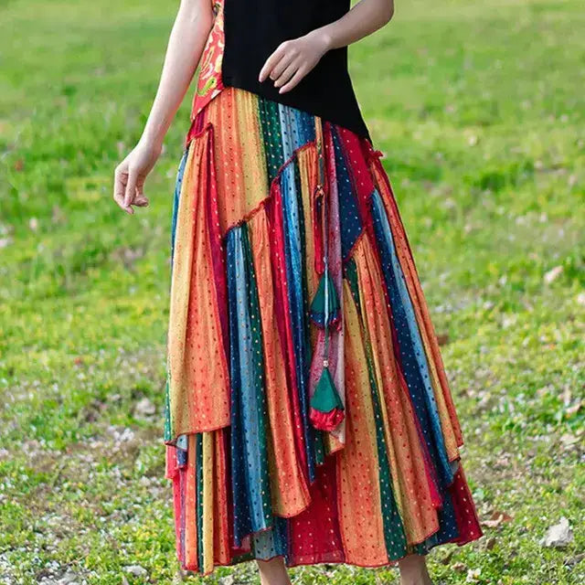 Boho Eco Cotton-Linen Striped Skirt Retro-Inspired with Irregular Hem - red / XXXL - High Waisted Maxi Skirt