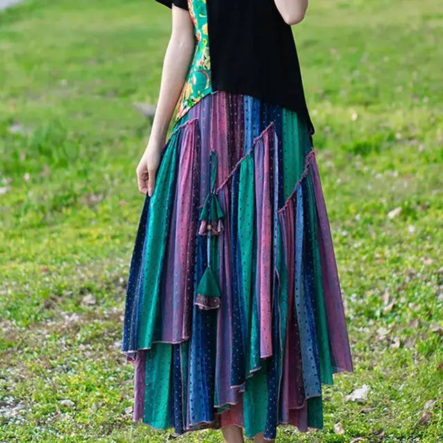 Boho Eco Cotton-Linen Striped Skirt Retro-Inspired with Irregular Hem - blue / 4XL - High Waisted Maxi Skirt