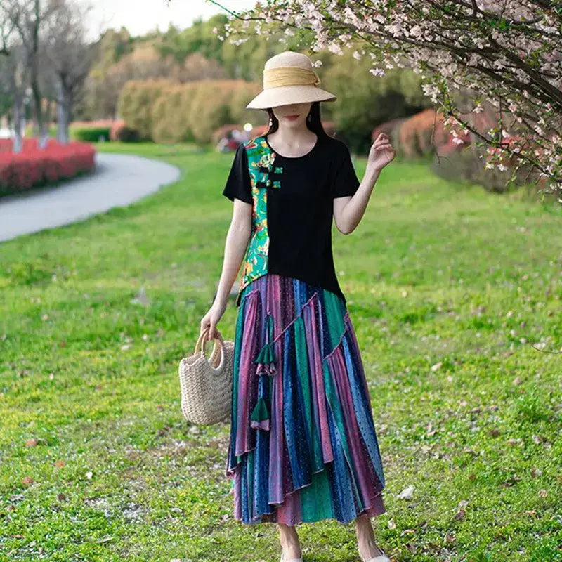 Boho Eco Cotton-Linen Striped Skirt Retro-Inspired with Irregular Hem - High Waisted Maxi Skirt