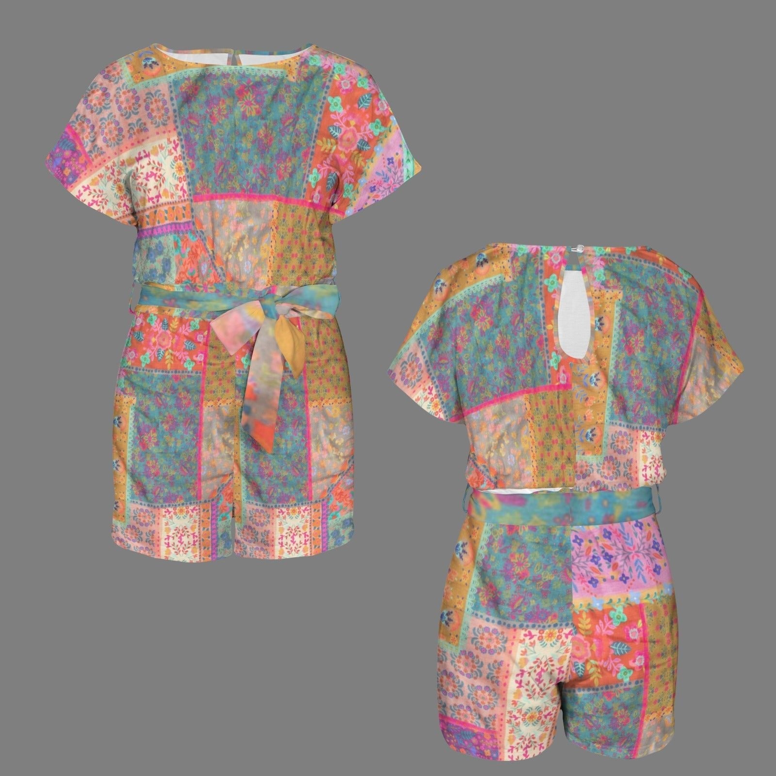 All Over Prints - Boho Eco Crew Neck Tie Waist Patch Work Vintage Inspired Romper - Boho Eco Boutique™ - Boho Eco Boutique™ - SF06299245466533360 - V30618 - Boho Eco Crew Neck Tie Waist Patch Work Vintage Inspired Romper - S - 