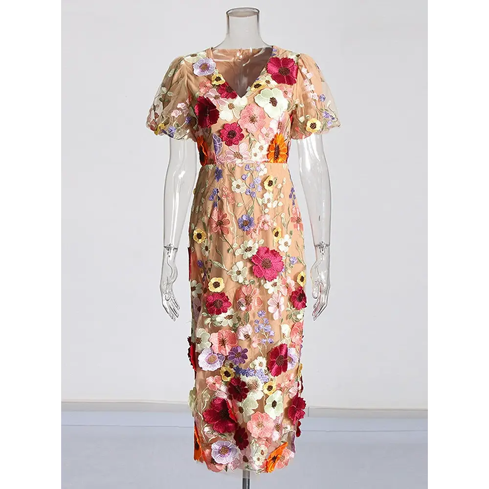 Boho Eco Embroidered V-Neck Stereo Summer Dress – Elegant Bohemian Style - 杏色长裙 / XL - dresses