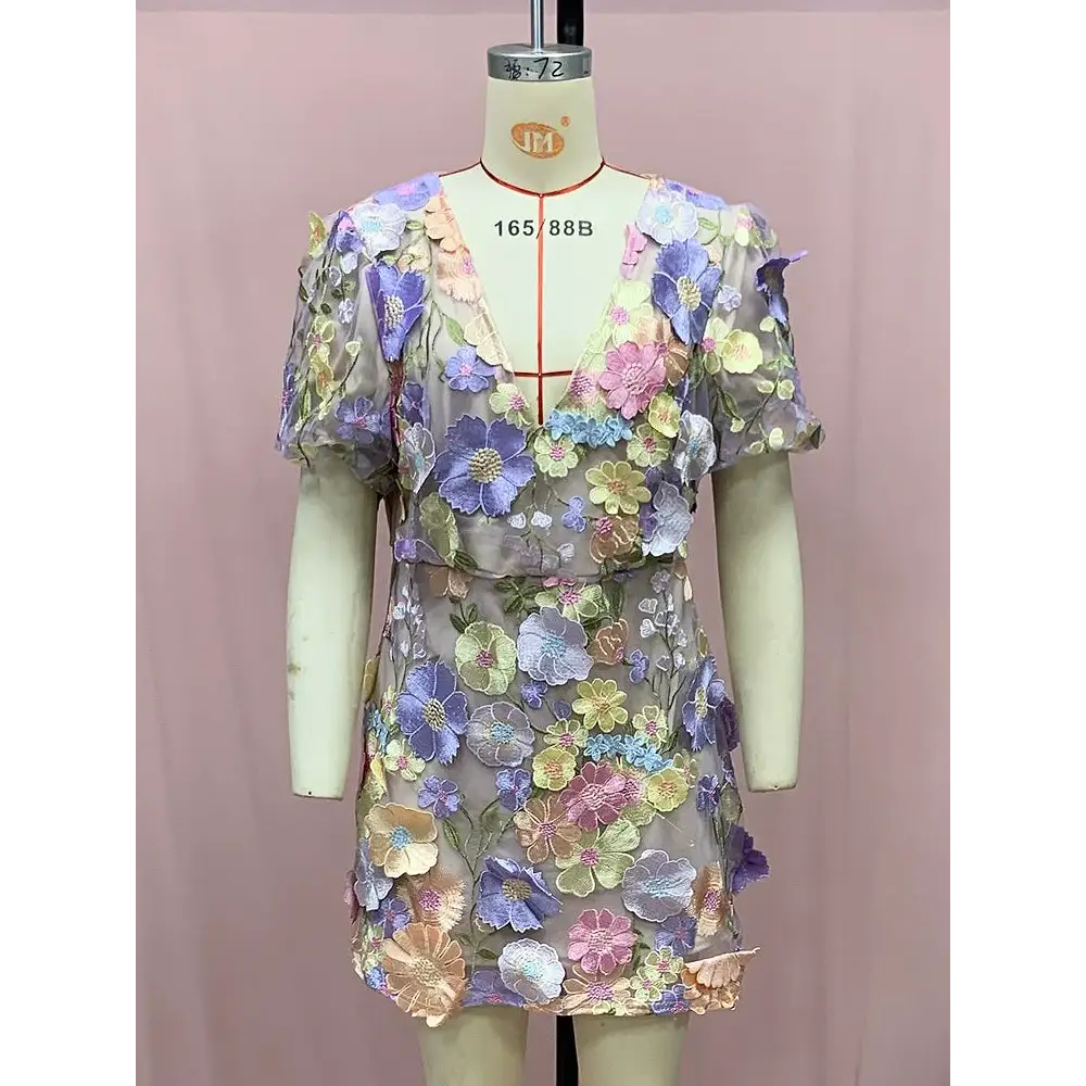 Boho Eco Embroidered V-Neck Stereo Summer Dress – Elegant Bohemian Style - 蓝色短裙 / 3XL - dresses