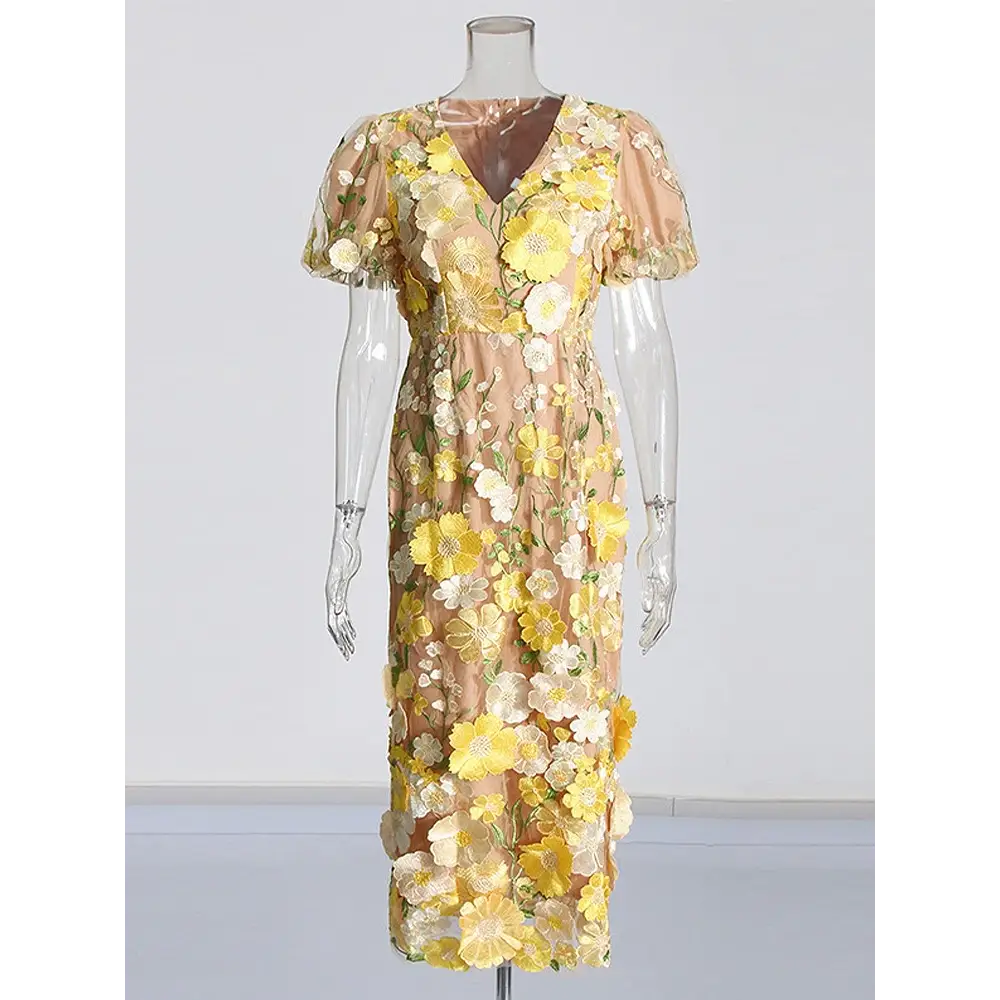 Boho Eco Embroidered V-Neck Stereo Summer Dress – Elegant Bohemian Style - 黄色长裙 / S - dresses