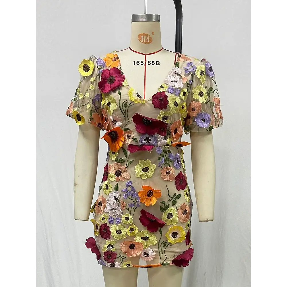 Boho Eco Embroidered V-Neck Stereo Summer Dress – Elegant Bohemian Style - 杏色短裙 / XL - dresses