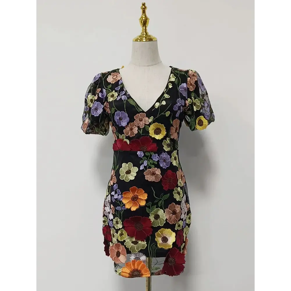 Boho Eco Embroidered V-Neck Stereo Summer Dress – Elegant Bohemian Style - 黑色短裙 / XL - dresses