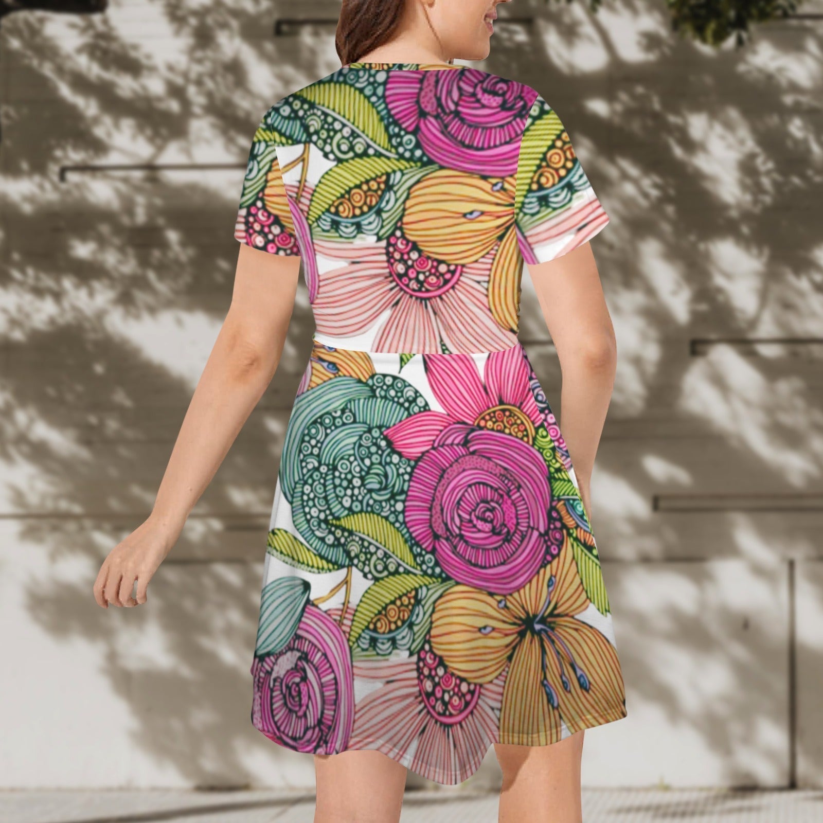 All Over Prints - Boho Eco Floral Prink Knee Length Dress - Boho Eco Boutique™ - Boho Eco Boutique™ - SF06307769184728012 - V12287 - Boho Eco Floral Prink Knee Length Dress - S - 