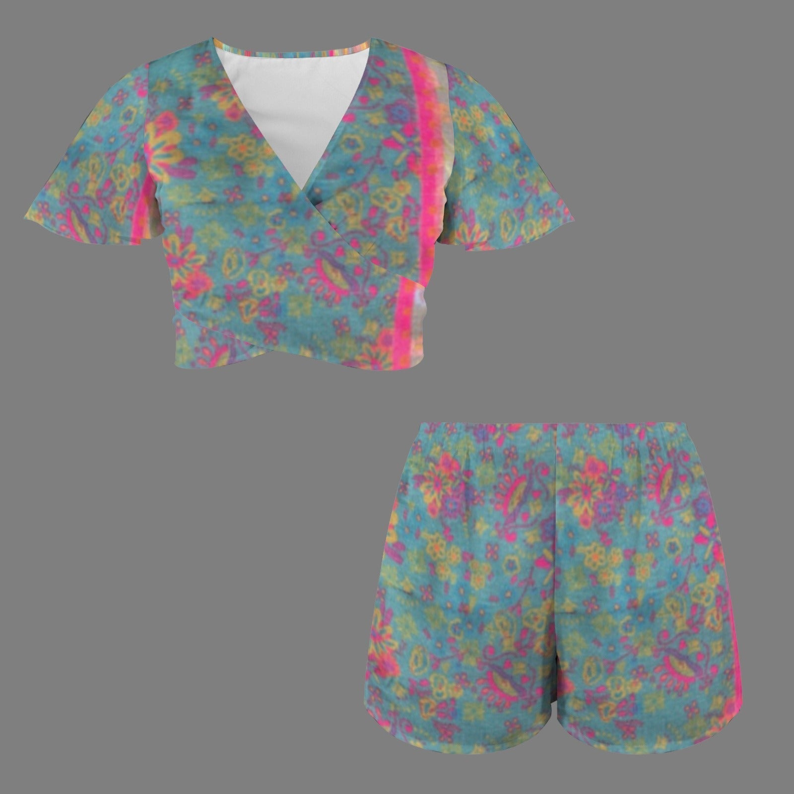 All Over Prints - Boho Eco Tie Crop Top and Shorts Set Blue and Pink - Boho Eco Boutique™ - Boho Eco Boutique™ - SF06298921326027959 - V30831 - Boho Eco Tie Crop Top and Shorts Set Blue and Pink - S - 