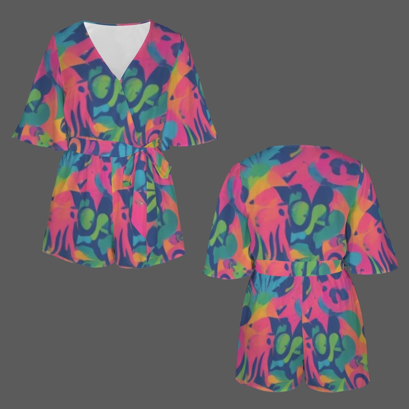 All Over Prints - Boho Eco Tie Waist Romper Half Sleeve Tie - Dye - Boho Eco Boutique™ - Boho Eco Boutique™ - SF06298931492697450 - V30794 - Boho Eco Tie Waist Romper Half Sleeve Tie - Dye - S - 