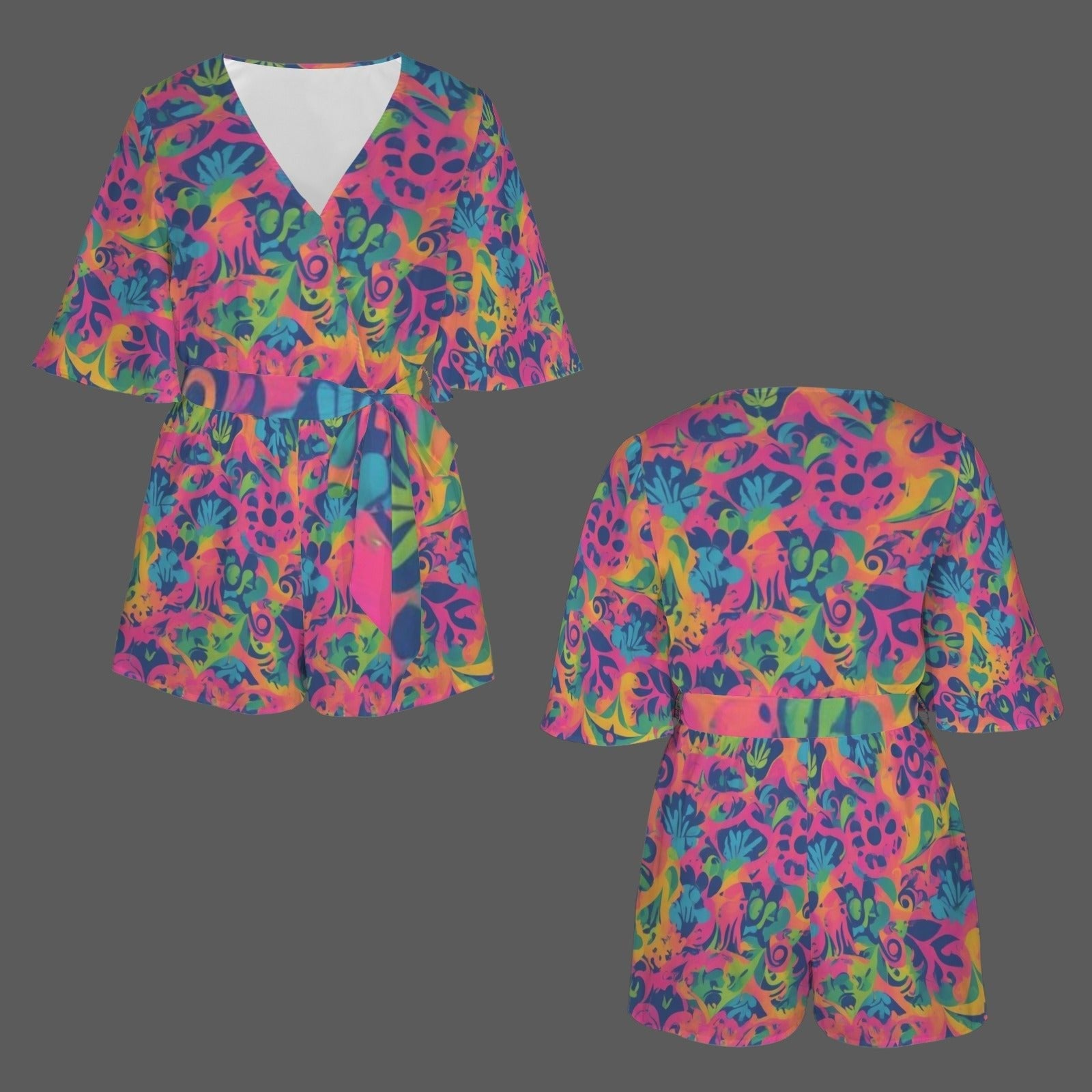 All Over Prints - Boho Eco Tie Waist Romper Half Sleeve Tie - Dye - Boho Eco Boutique™ - Boho Eco Boutique™ - SF06299554764288566 - V30794 - Boho Eco Tie Waist Romper Half Sleeve Tie - Dye - S - 