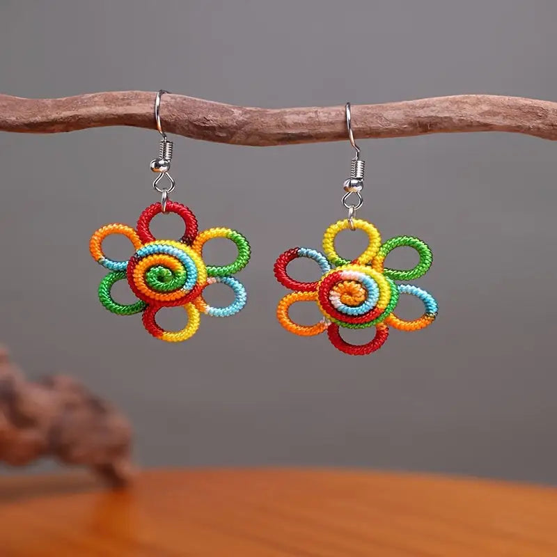 Boho Handcrafted Rainbow Flower Pendant Earrings - Colorful Polyester Bohemian Style Hypoallergenic Hooks Perfect