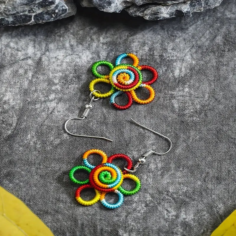 Boho Handcrafted Rainbow Flower Pendant Earrings - Colorful Polyester Bohemian Style Hypoallergenic Hooks Perfect