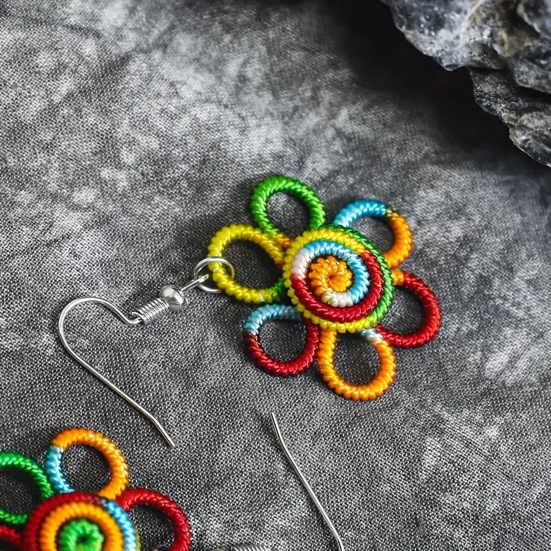 Boho Handcrafted Rainbow Flower Pendant Earrings - Colorful Polyester Bohemian Style Hypoallergenic Hooks Perfect