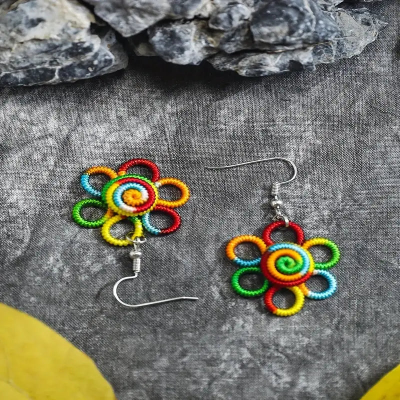 Boho Handcrafted Rainbow Flower Pendant Earrings - Colorful Polyester Bohemian Style Hypoallergenic Hooks Perfect