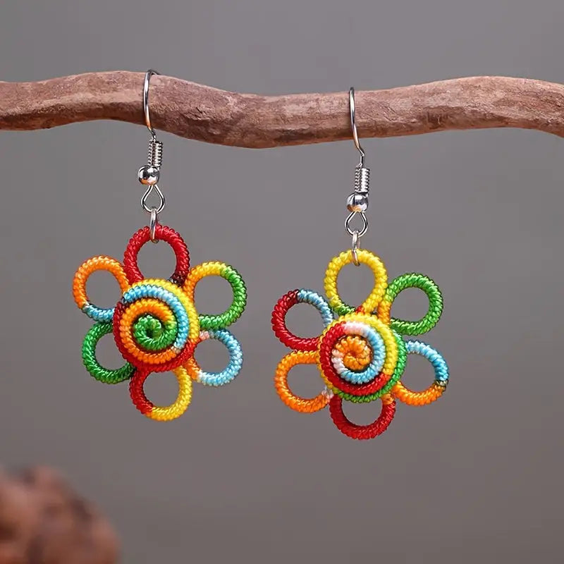 Boho Handcrafted Rainbow Flower Pendant Earrings - Colorful Polyester Bohemian Style Hypoallergenic Hooks Perfect