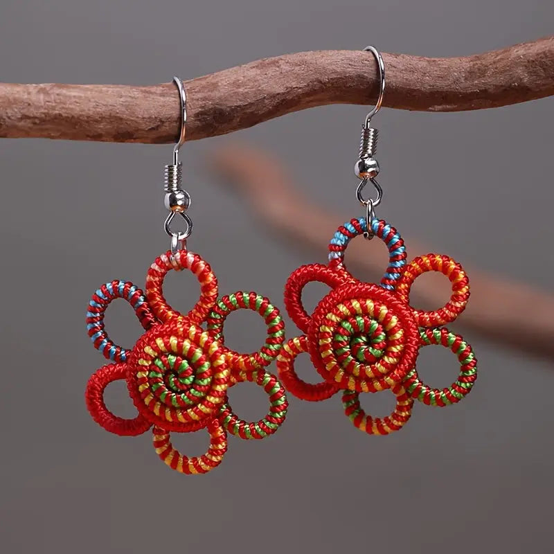 Boho Handcrafted Rainbow Flower Pendant Earrings - Colorful Polyester Bohemian Style Hypoallergenic Hooks Perfect