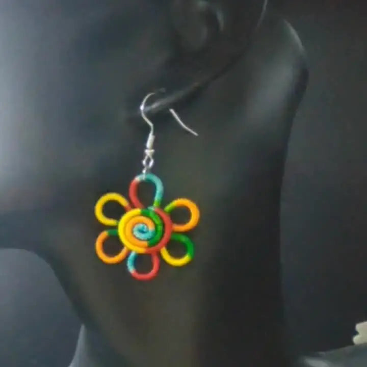 Boho Handcrafted Rainbow Flower Pendant Earrings - Colorful Polyester Bohemian Style Hypoallergenic Hooks Perfect