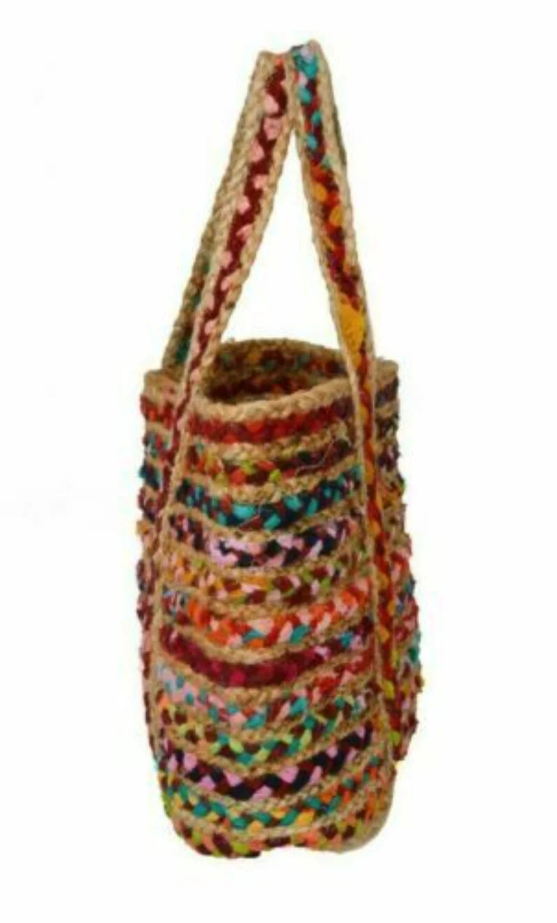 Boho Handmade Natural Jute Cotton Tote Bag – Versatile Shopping Vacation and Beach Handbag Multicolor - Tote Bag