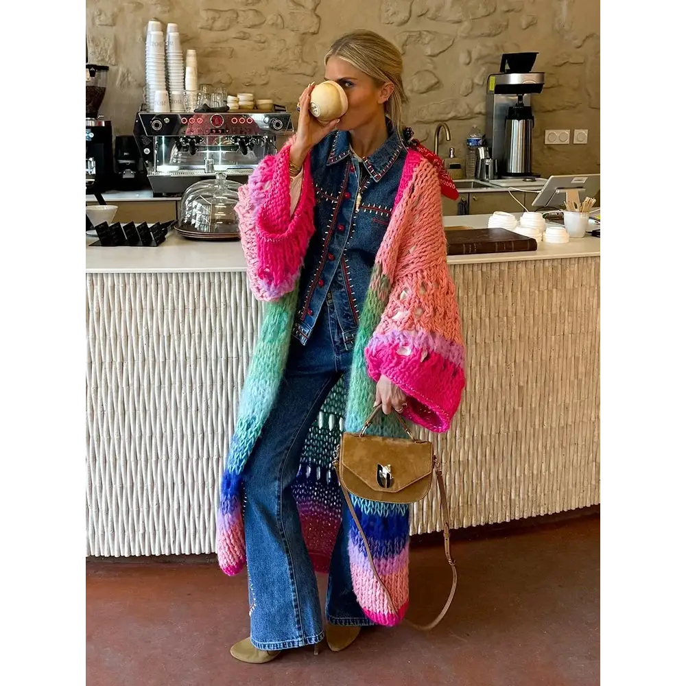 Boho Multicolor Crochet Cut Out Bell Sleeve Cardigan 2024 Autumn Winter Knitted Dress Women’s Long Cardigan Sweater