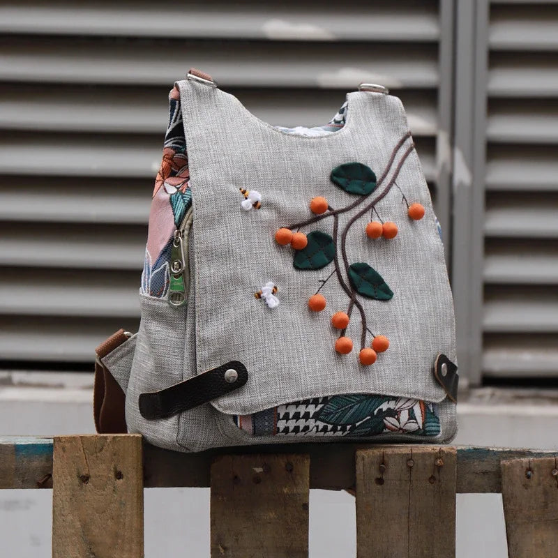 Boho Retro Cotton Linen Backpack – Lightweight All-Purpose Shoulder Bag for Women & Girls - backpack - Backpack