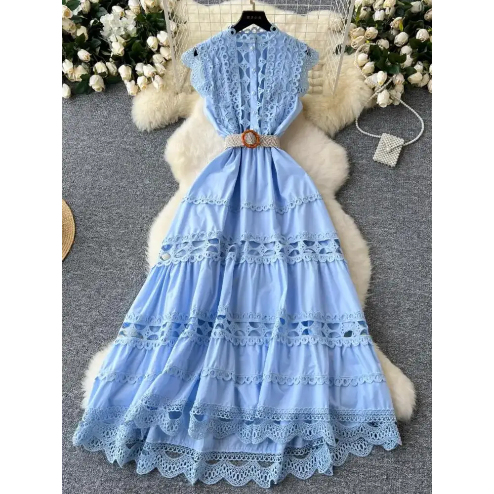 Boho Retro Women’s Solid Elegant Hollowed Out Sleeveless Long Dress Sweet Lace Patchwork - customized