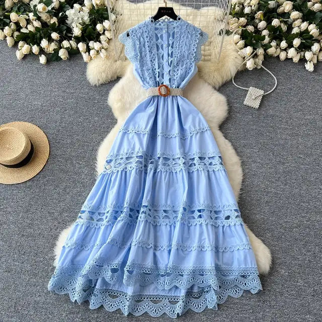 Boho Retro Women’s Solid Elegant Hollowed Out Sleeveless Long Dress Sweet Lace Patchwork - without belt / L - customized