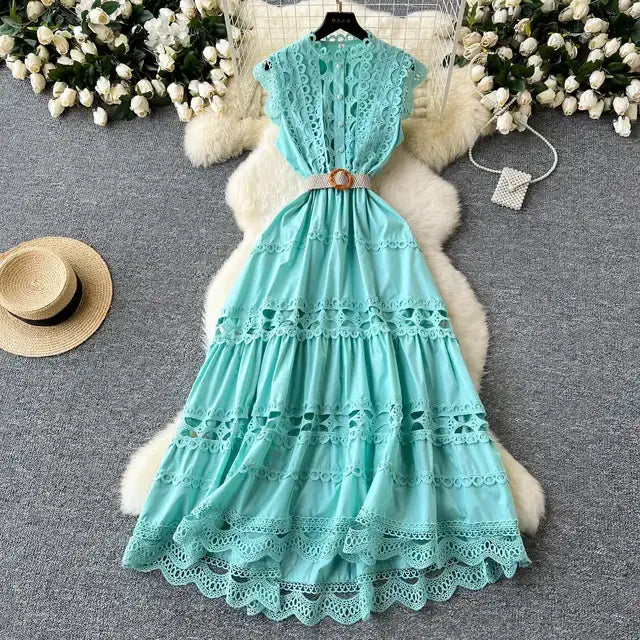 Boho Retro Women’s Solid Elegant Hollowed Out Sleeveless Long Dress Sweet Lace Patchwork - without belt1 / L