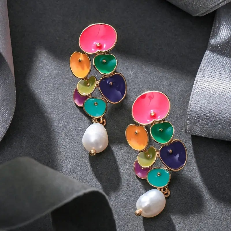Boho Style Dangle Earrings Vibrant Multicolor Floral Pearl Drop Earrings - Earrings