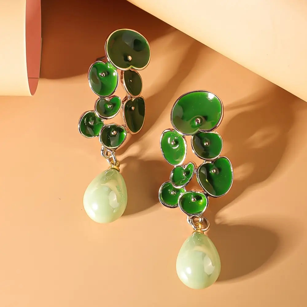 Boho Style Dangle Earrings Vibrant Multicolor Floral Pearl Drop Earrings - Green Flower - Earrings