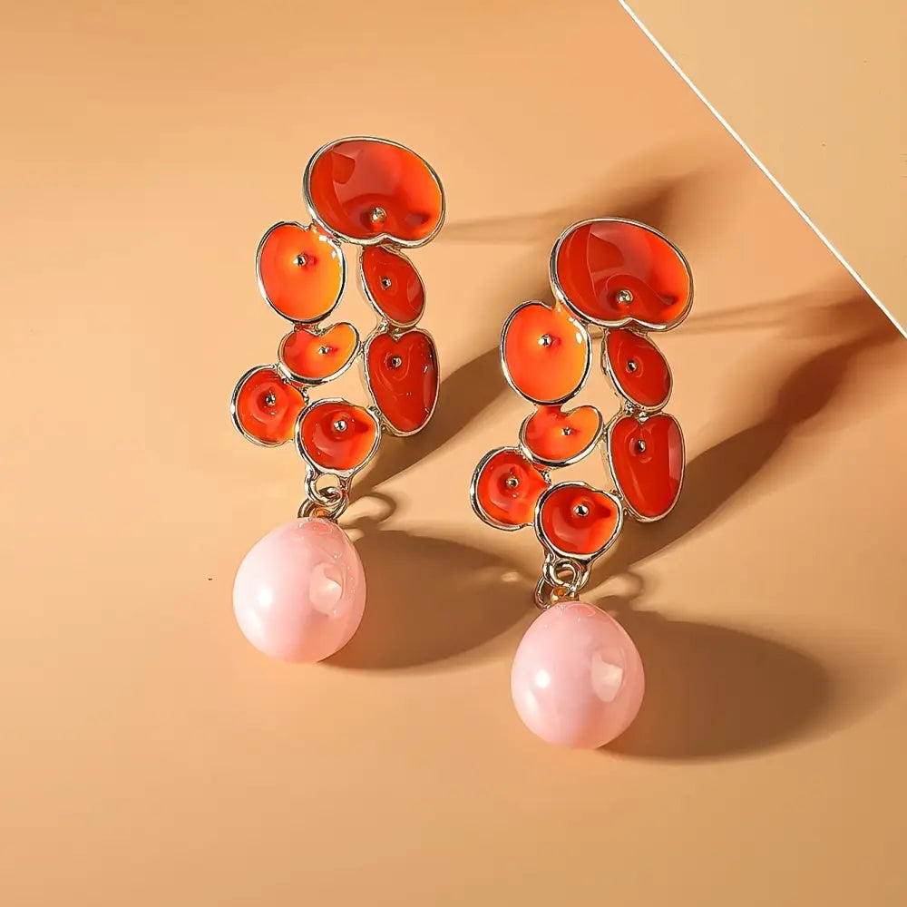 Boho Style Dangle Earrings Vibrant Multicolor Floral Pearl Drop Earrings - Orange - Earrings