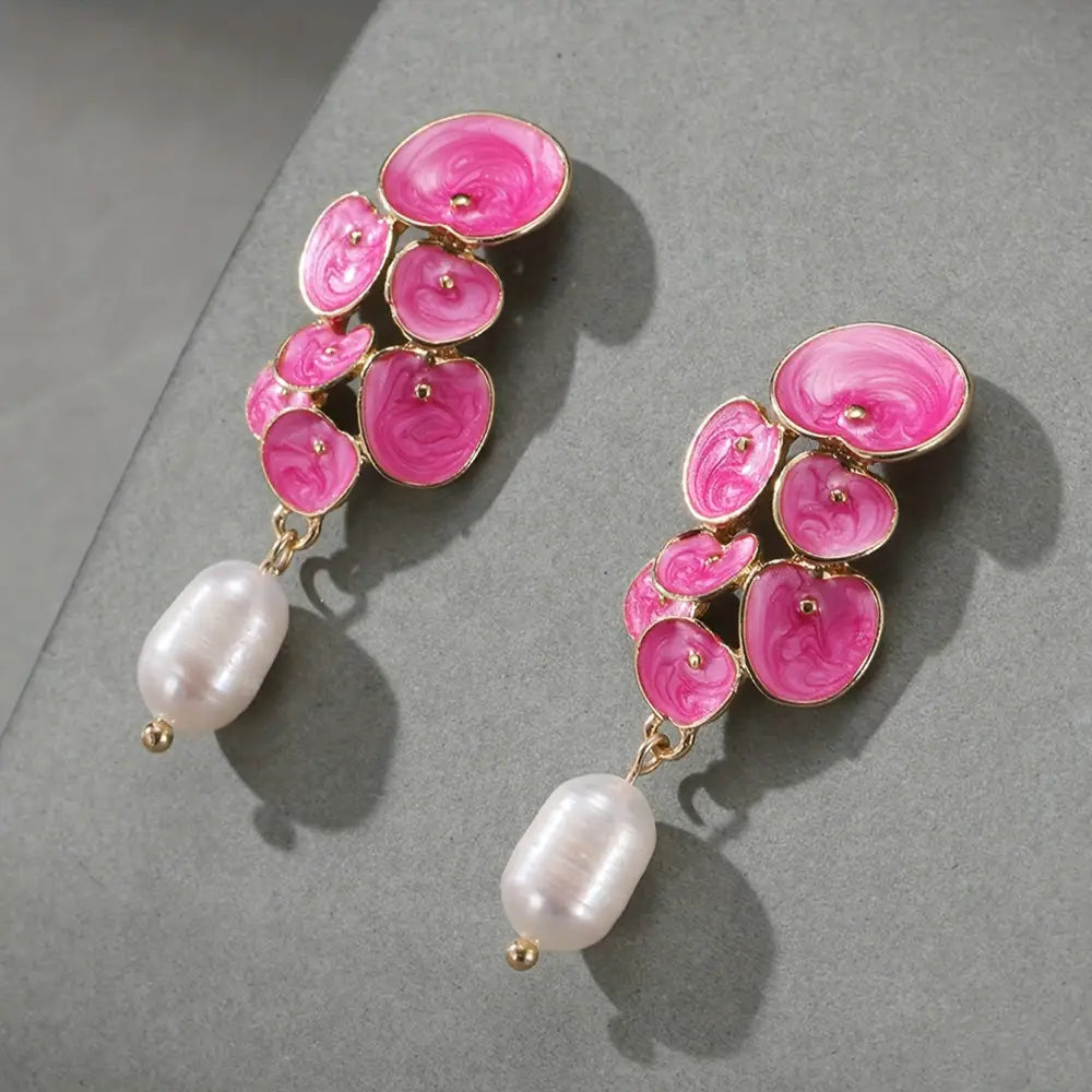 Boho Style Dangle Earrings Vibrant Multicolor Floral Pearl Drop Earrings - Pink Flower 1 - Earrings