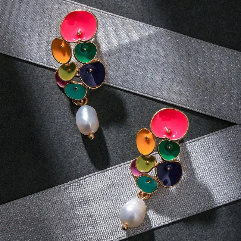 Boho Style Dangle Earrings Vibrant Multicolor Floral Pearl Drop Earrings - S - Earrings
