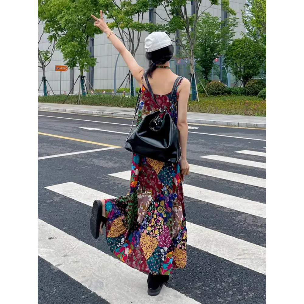 Boho Vintage Dress Floral Patchwork Sleeveless Design Aesthetics Long Tank Dress for Women - customized