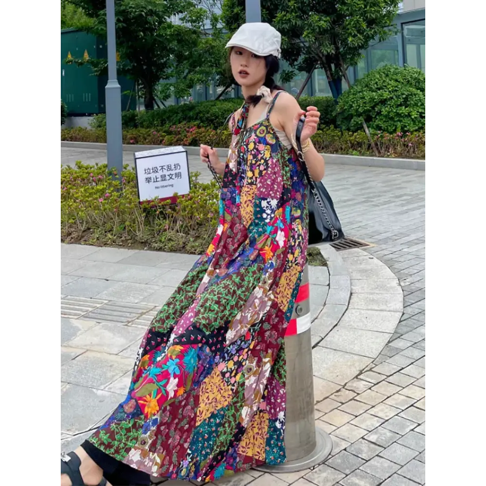 Boho Vintage Dress Floral Patchwork Sleeveless Design Aesthetics Long Tank Dress for Women - customized