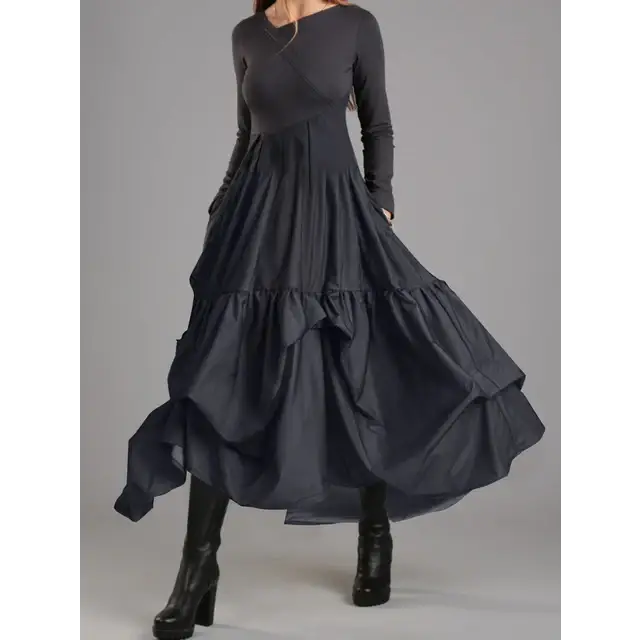 Boho Vintage Inspired Loose Surplice Neck Ruffle Hem Flared Dress Perfect for Winter Parties Casual Wear - Black / XXXL