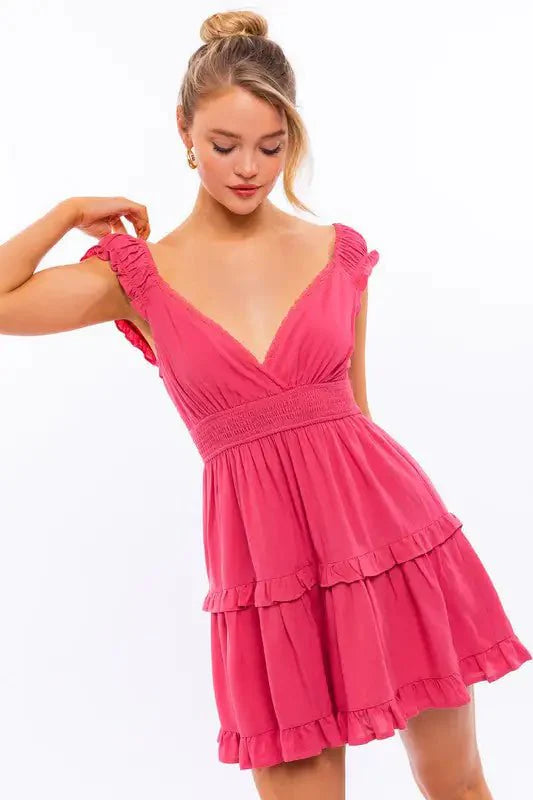 dress - Cap Sleeve Ruffle Mini Dress - Boho Eco Boutique™ - dress - Boho Eco Boutique™ - S - PINK - 