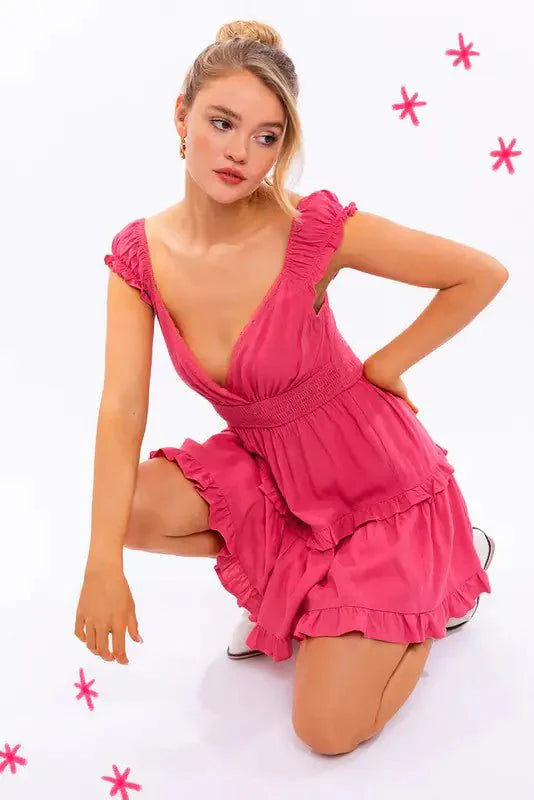 dress - Cap Sleeve Ruffle Mini Dress - Boho Eco Boutique™ - dress - Boho Eco Boutique™ - L - PINK - 