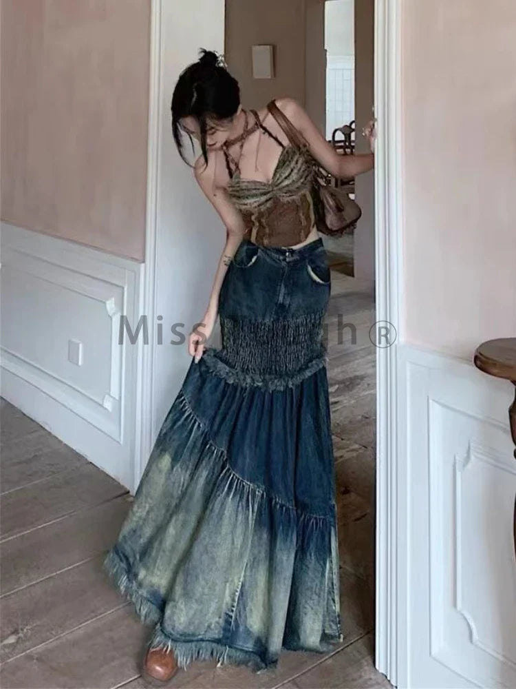 Casual Winter Vintage Patchwork Denim Fishtail Skirt for Women - Irregular High Waist Y2K Retro Jeans Skirt - Maxi Skirt