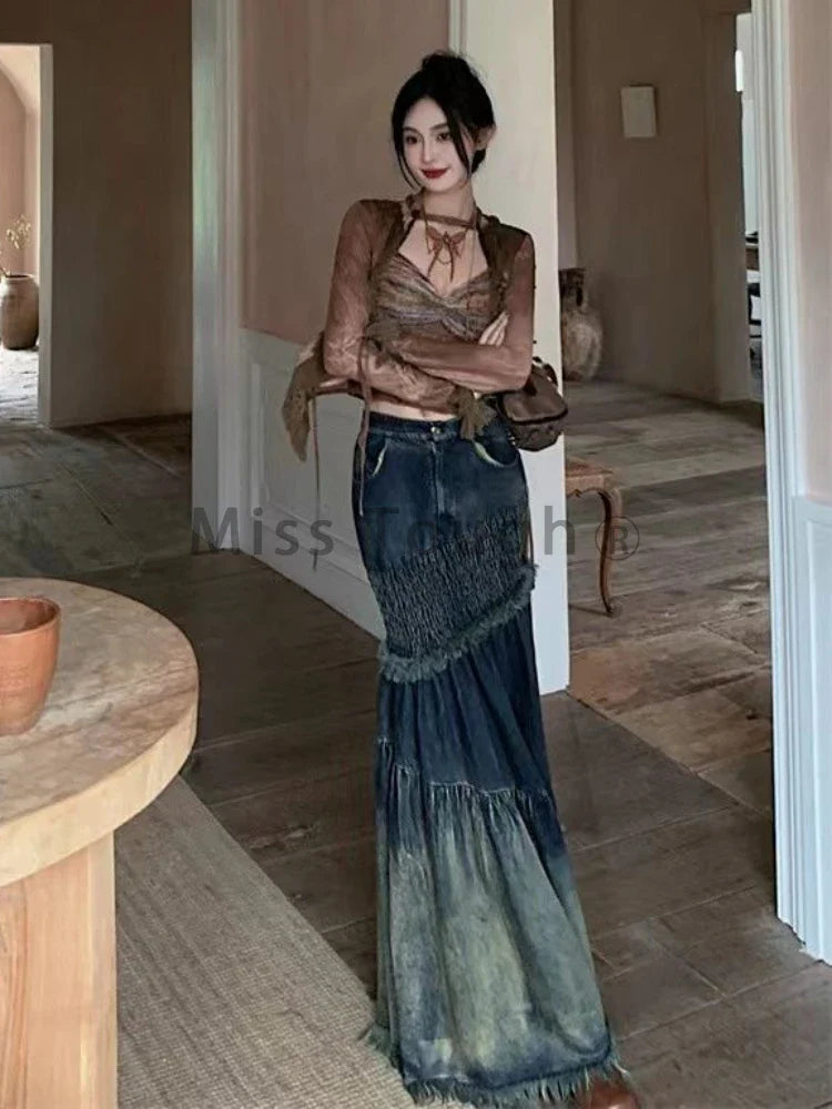 Casual Winter Vintage Patchwork Denim Fishtail Skirt for Women - Irregular High Waist Y2K Retro Jeans Skirt - Maxi Skirt