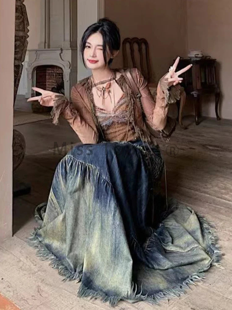 Casual Winter Vintage Patchwork Denim Fishtail Skirt for Women - Irregular High Waist Y2K Retro Jeans Skirt - Maxi Skirt