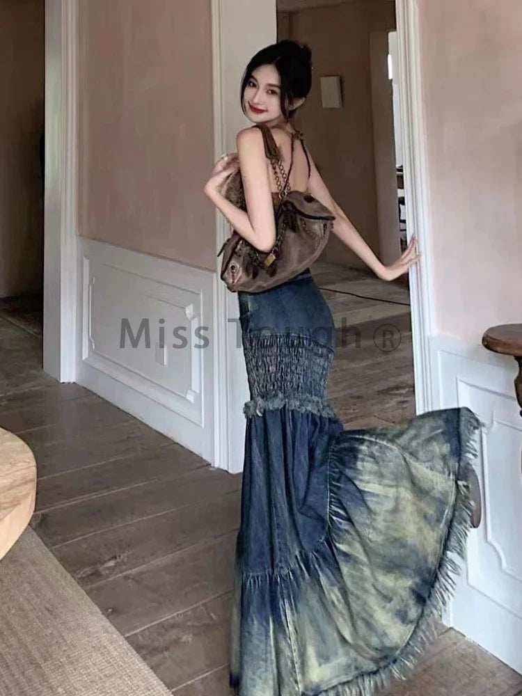 Casual Winter Vintage Patchwork Denim Fishtail Skirt for Women - Irregular High Waist Y2K Retro Jeans Skirt - Maxi Skirt