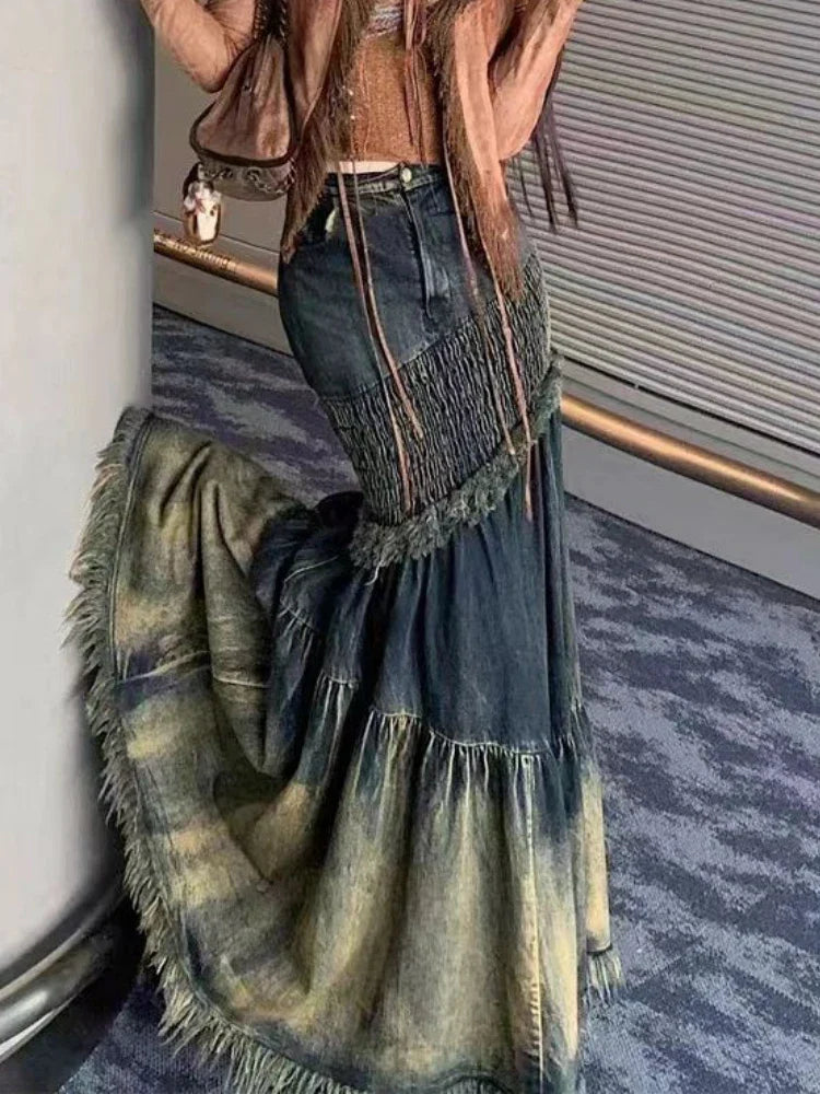 Casual Winter Vintage Patchwork Denim Fishtail Skirt for Women - Irregular High Waist Y2K Retro Jeans Skirt - Maxi Skirt