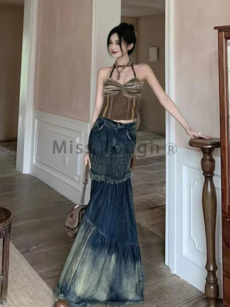 Casual Winter Vintage Patchwork Denim Fishtail Skirt for Women - Irregular High Waist Y2K Retro Jeans Skirt - Maxi Skirt